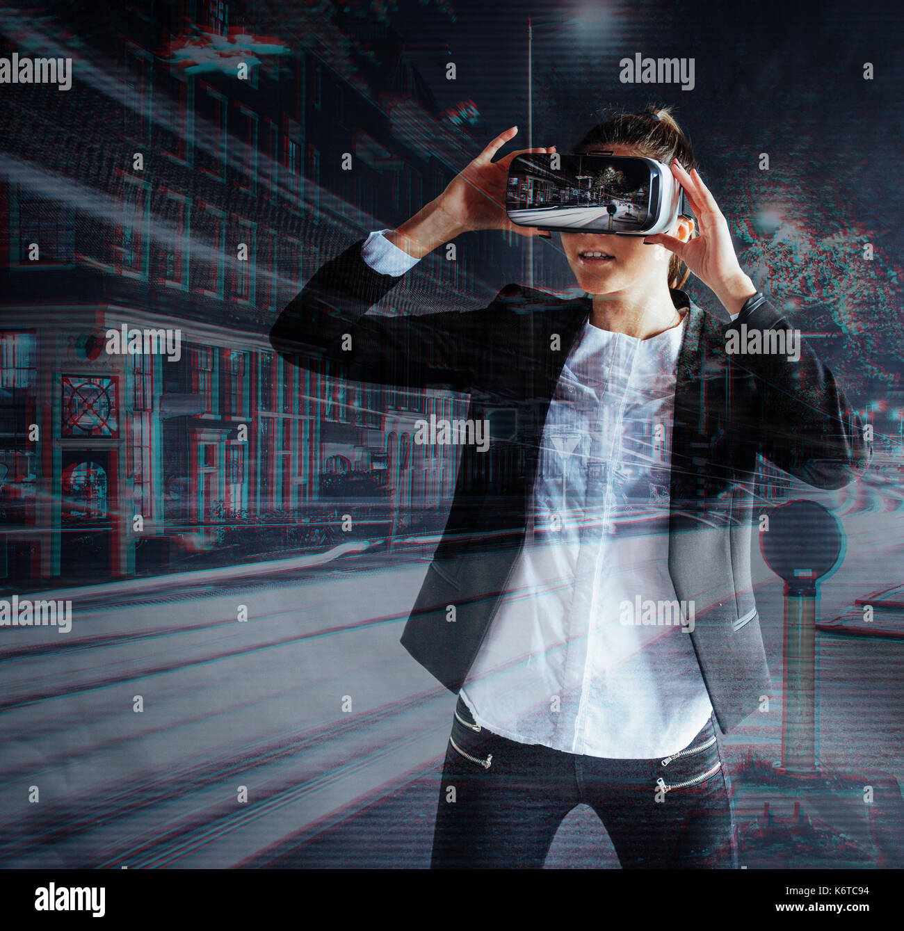 Young girl getting experience VR headset, is using augmented reality ...