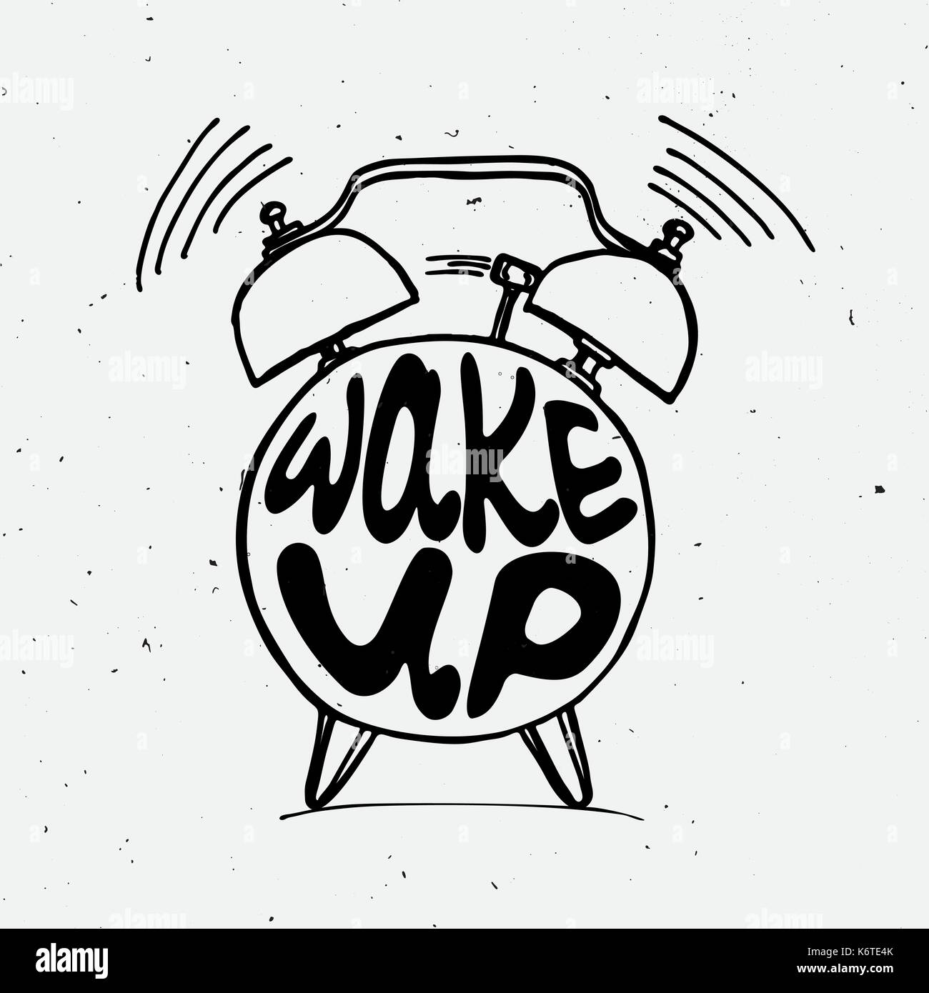 Hand draw Alarm clock illustration with lettering about wake up. Waking up reminder in sketched alarm clock. Stock Vector