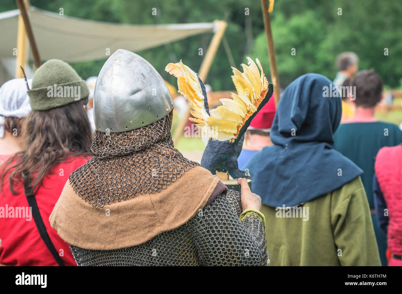 MOSCOW,RUSSIA-June 06,2016: Warriors in ancient costumes are marching to battlefield. Stock Photo