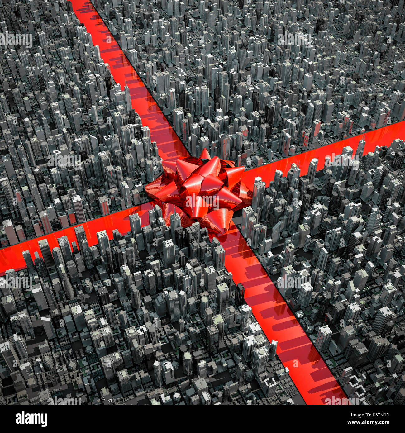 Ribbon city concept / 3D illustration of christmas ribbon and bow in