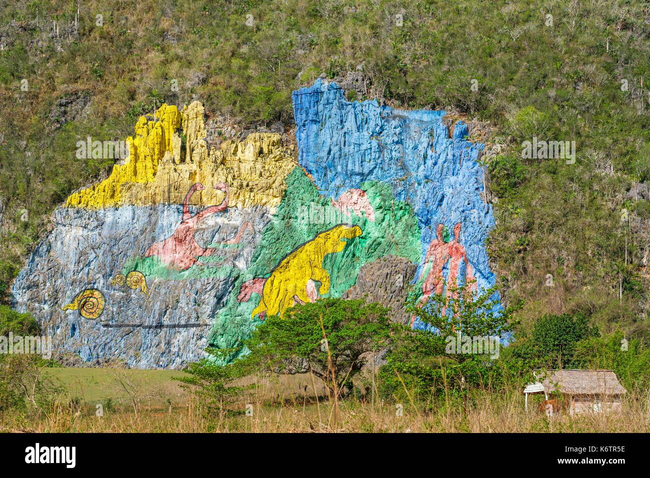 Cuba, Pinar del Rio province, Vinales, Vinales national park, Vinales valley, a UNESCO World Heritage site, the Prehistoric Wall, 180 m length and 120 m large, is a frescoe on the Mogote Dos Hermanas commissioned by Fidel Castro in 1961 Stock Photo