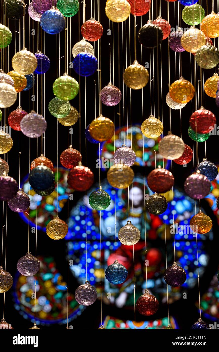 France, Bas Rhin, Selestat, church Sainte Foy, nave, chandelier consisting  of 173 glass Christmas balls of Meisenthal Stock Photo - Alamy