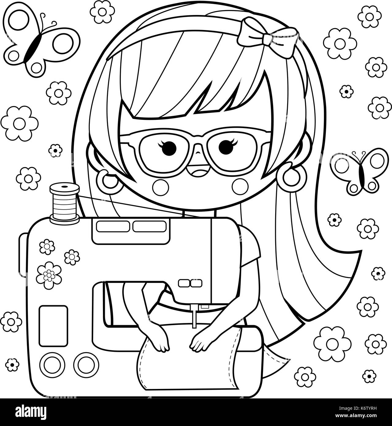 Woman Seamstress Using Her Sewing Machine Coloring Book Page Stock Vector Image And Art Alamy