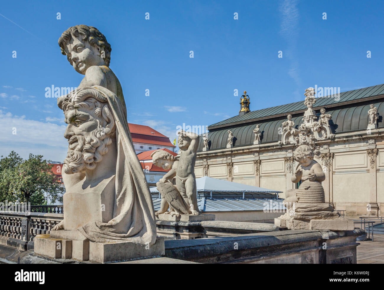 Germany, Saxony, Dresdener Zwinger, putti statues on the gallery of the Porcelain Pavilion Stock Photo