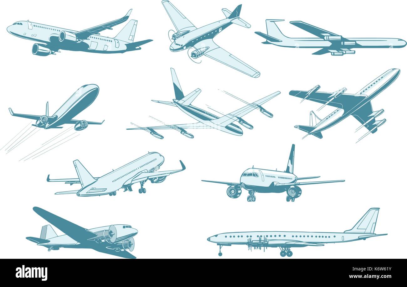 set aircraft air transport isolate on white background Stock Vector