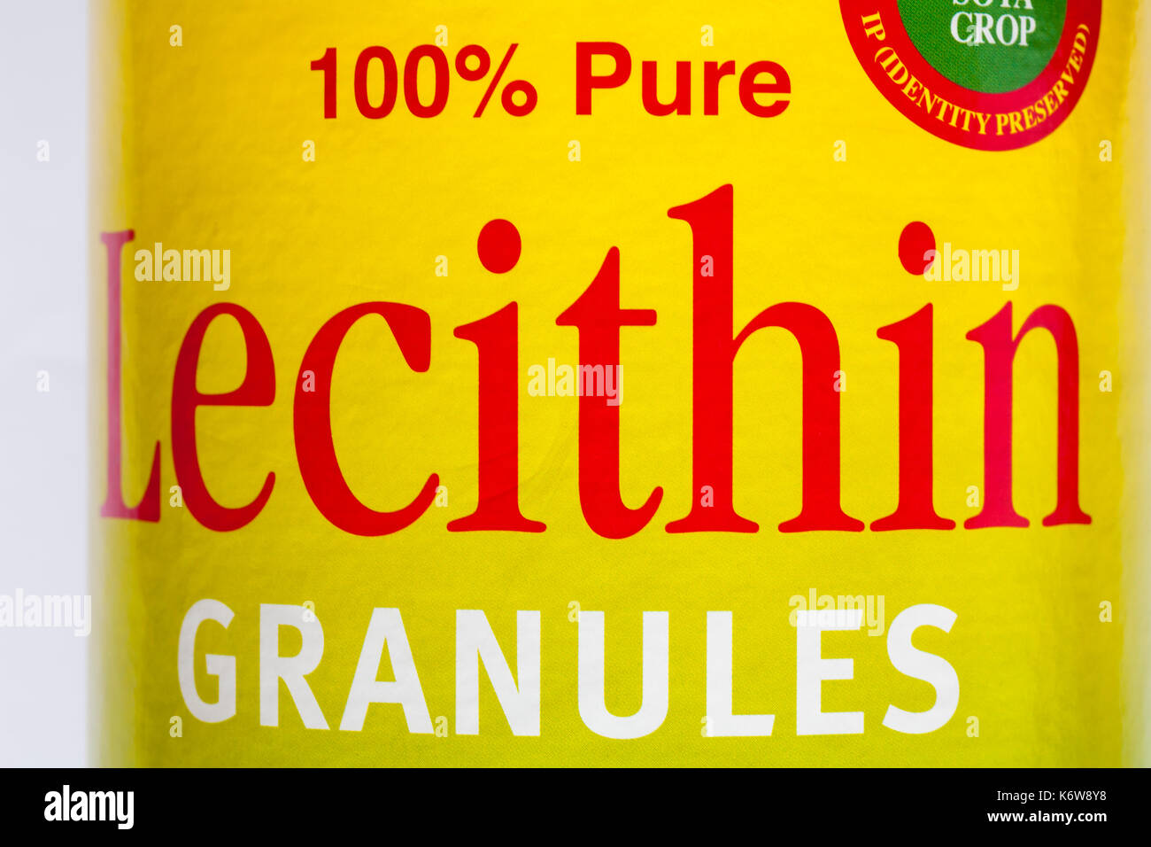 Detail on tub of Optima 100% Pure Lecithin granules Stock Photo