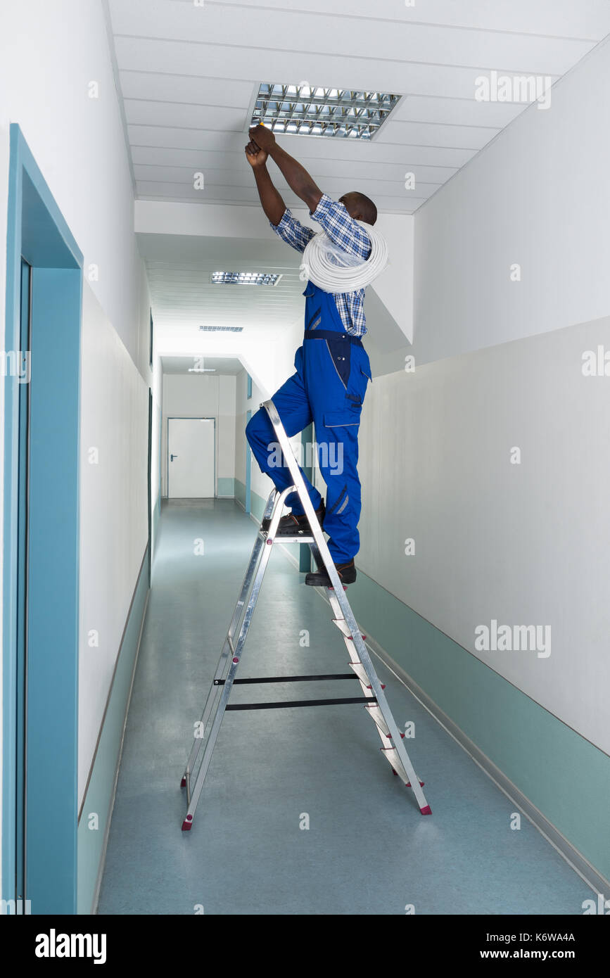Young Male Electrician On Stepladder Installing Light On Ceiling Stock ...