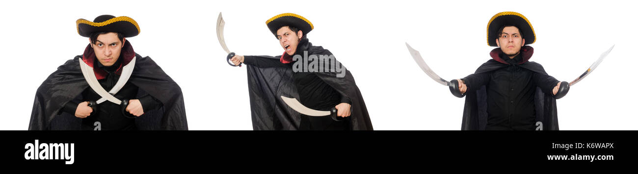 Young man wearing tricorn and coat isolated on white Stock Photo