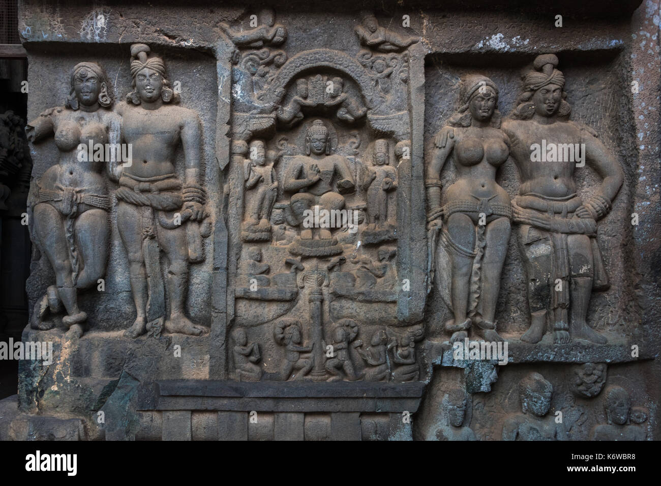 Carving at entrance to Chaitya at Karla, Maharashtra, India Stock Photo
