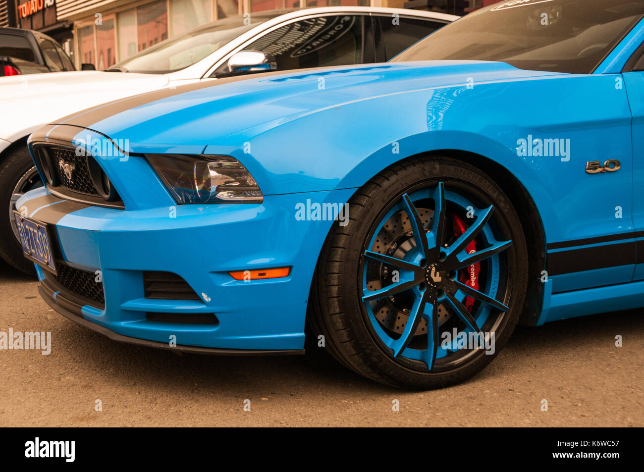 Forgiato wheels modelled by a Ford Mustang on the Beijing Tuning Street. Stock Photo