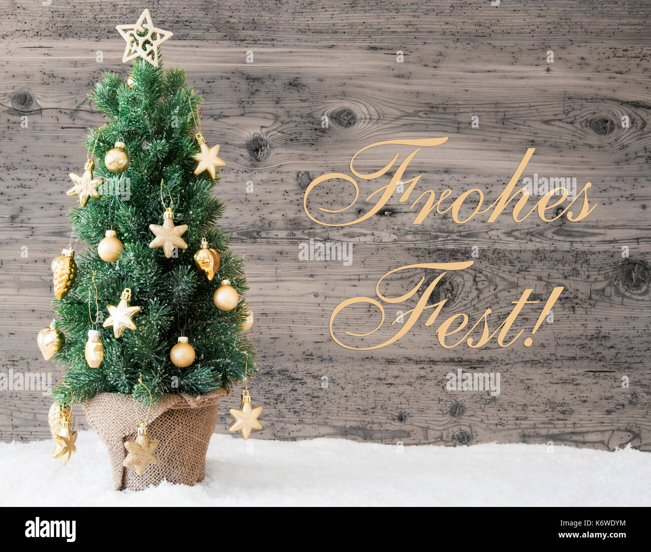 Golden Decorated Tree, Frohes Fest Means Merry Christmas Stock Photo