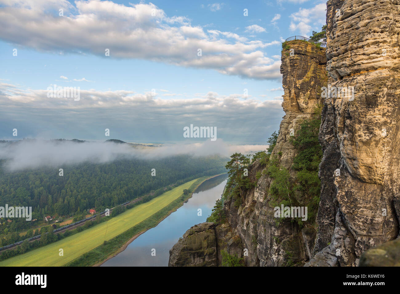 Elbe valley and observation point on the rock plateau, Bastei, Saxon Switzerland, Saxony, Germany Stock Photo