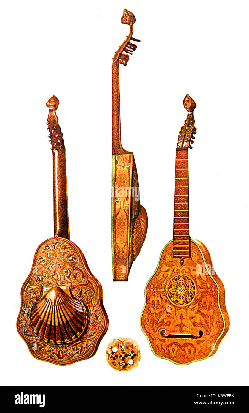 Pandora/ penorcon-  made by John Rose, London, 1580. Front, back & side views.  Wrongly named 'Queen Elizabeth's Lute'.  Drawn by Hipkins, 1921. (Alfred James Hipkins 1826-1903) Stock Photo