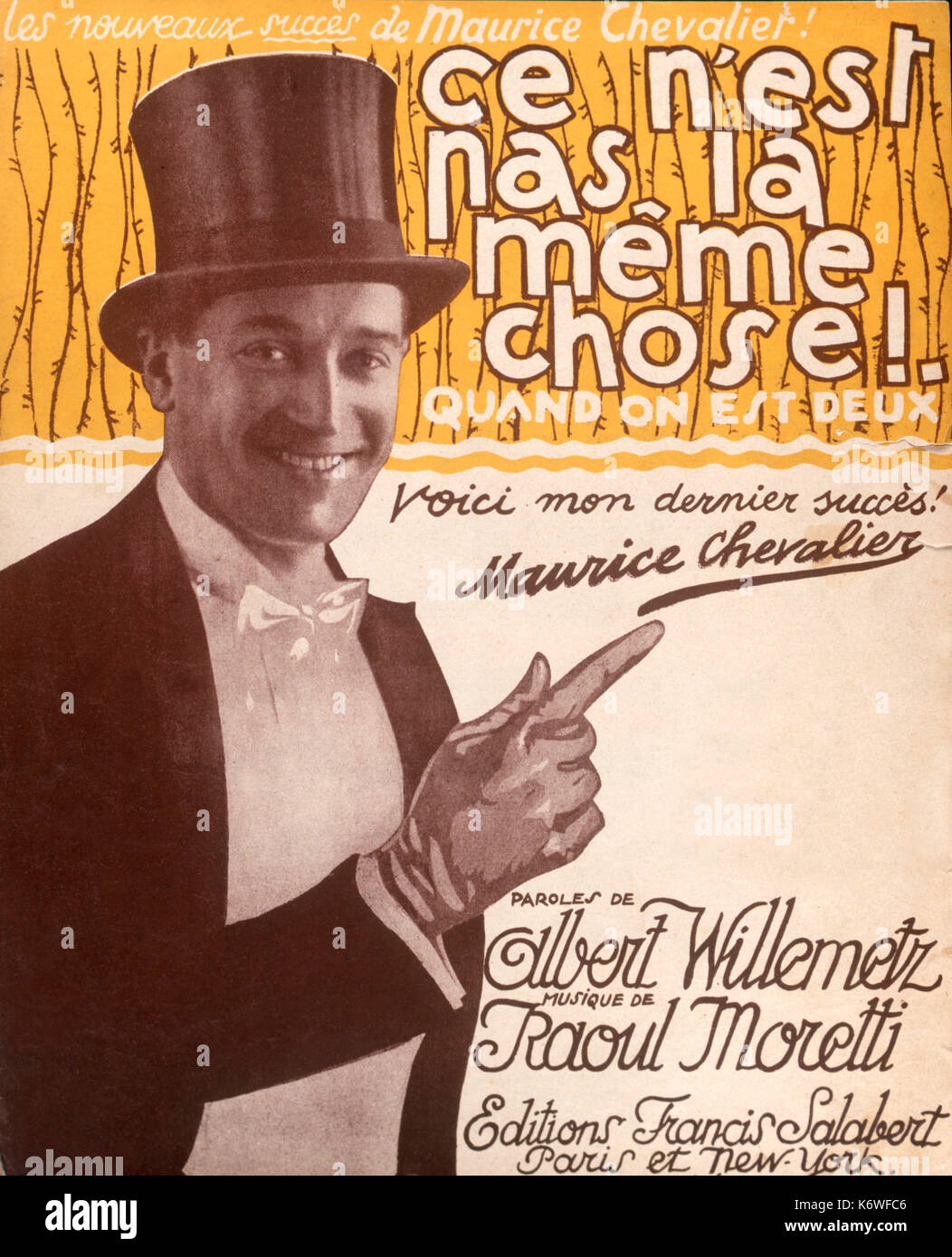 CHEVALIER, Maurice - Ce n'est pas la meme chose Cover of score, with photograph of Chevalier, 1924.  Published by Francis Salabert. French comedian, singer, actor, songwriter, 1888-1972 Stock Photo