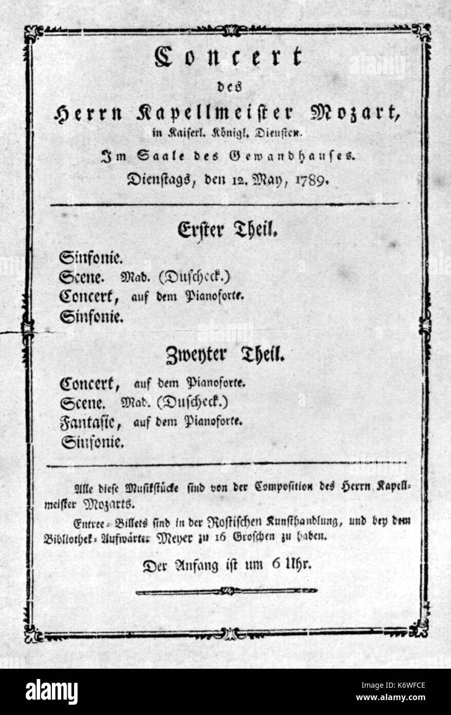 MOZART - Concert at Leipzig Gewandhaus, 1789 programme for concert of Mozart's music, 12/5/1789. Includes 3 symphonies, 2 piano concertos Austrian Composer,1756-1791 Stock Photo