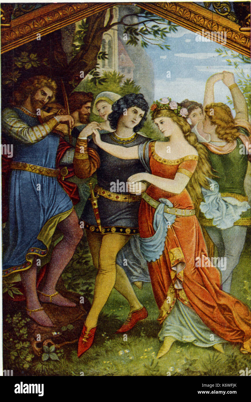 Tannhäuser-opera by Richard Wagner. 'Tannhäuser im Freien zum Tanz aufspielend'.  Tannhäuser playing fiddle for dancing, in the open air. Stock Photo