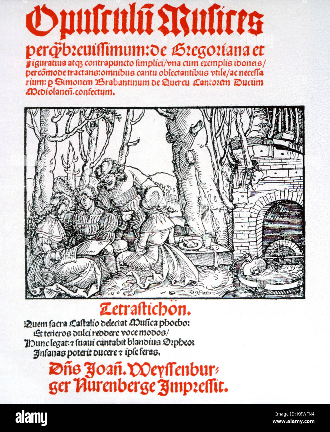 CHOIR - MADRIGAL SINGERS - 1513 page from Simon de QUERCU's 'Opusculum Musices' showing pastoral scene with men & women. singing from Music.   Chanson. Frottola. Balletto. Madrigals Stock Photo