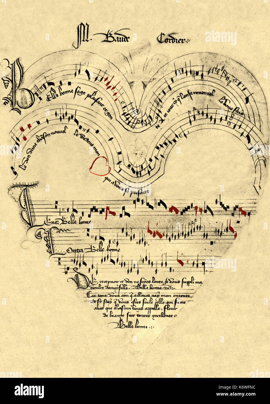 Baude Cordier's ' Belle, Bonne' score in heart shape. 3 part chanson. French composer, flourished in the 1390s. Unusual notation Stock Photo
