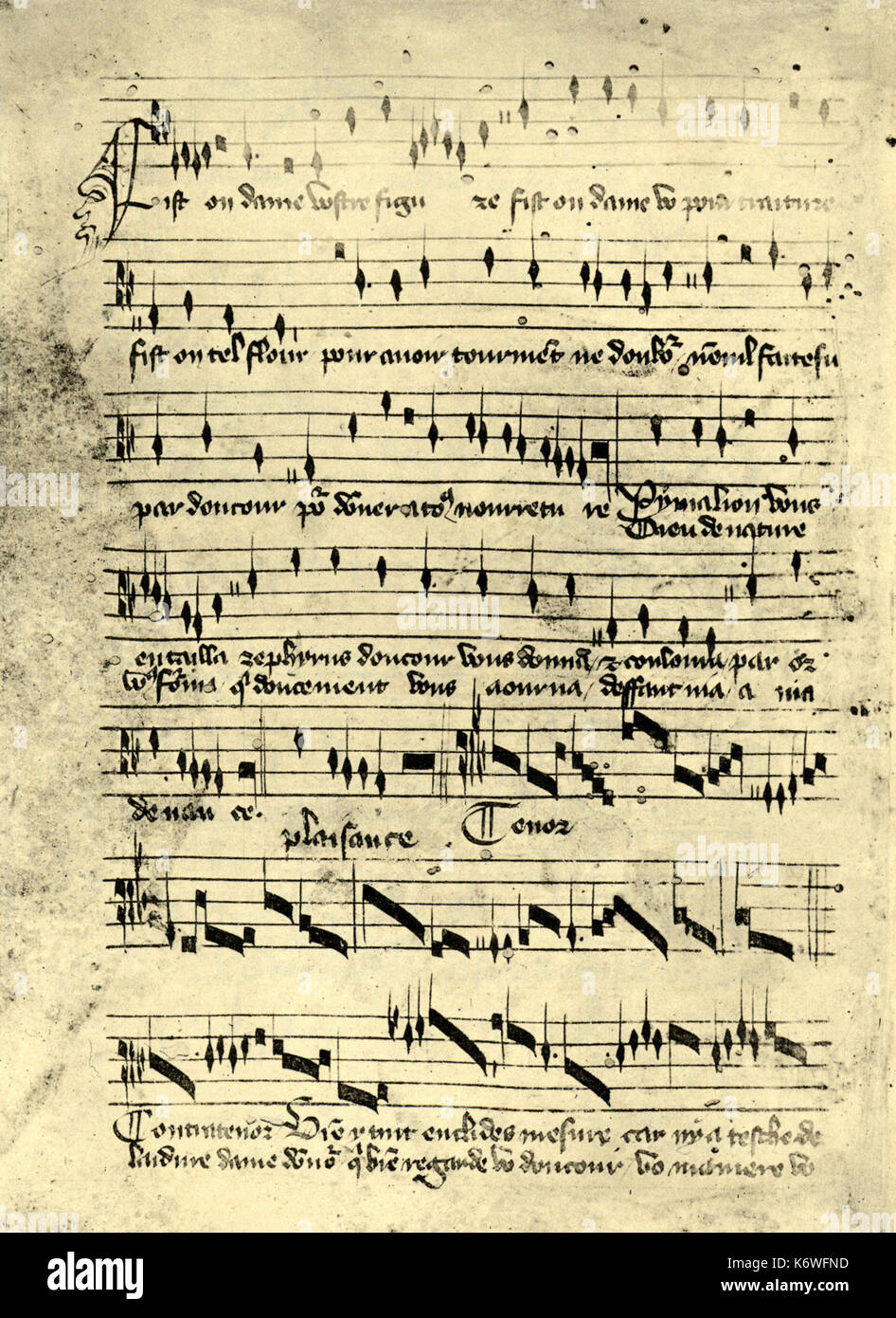 Manuscript score of Virelai (medieval French Chanson with refrain/burden) 'Fist on dame'. Time of Philippe de Vitry. Ars Nova in Frankreich. Stock Photo