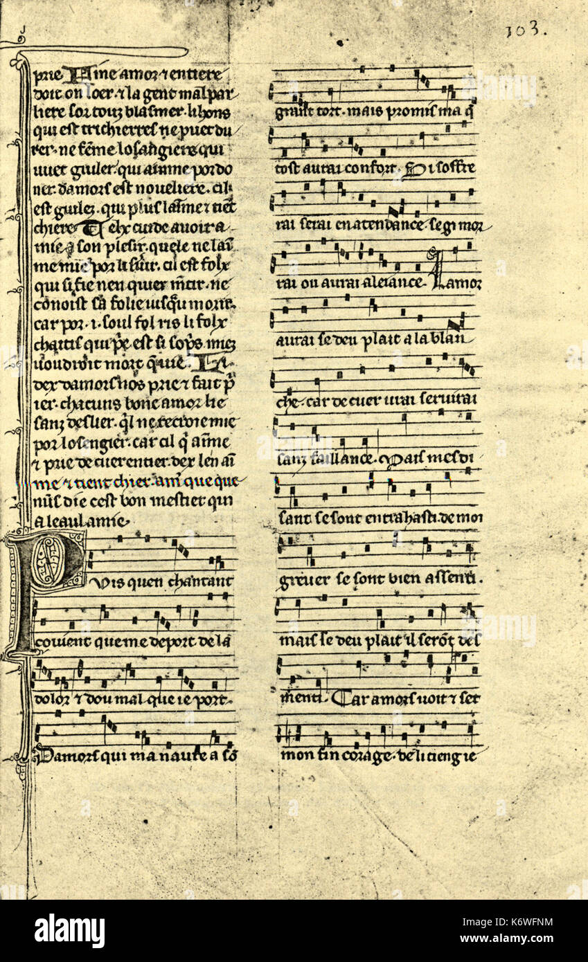 Manuscript score of Lai (Medieval French Chanson) in mensural notation. 13thC. Stock Photo