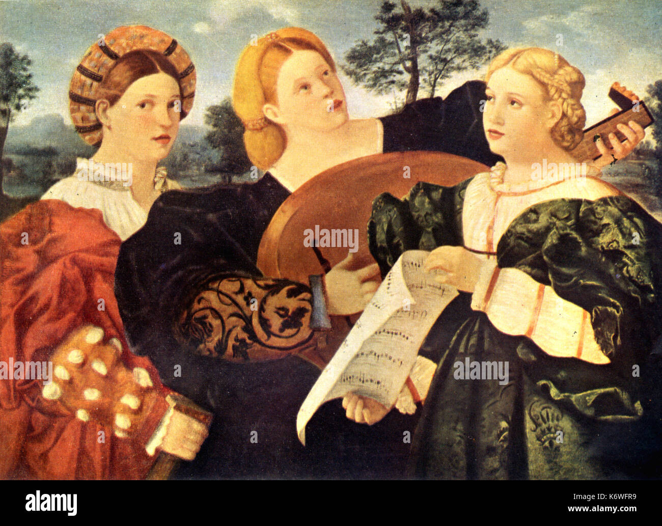 MADRIGAL SINGERS 'A Concert' - after School of Palma Vecchio, Venice Venetian painting.  16thC. 3 women, one playing lute, all singing from score. Renaissance. Pastoral. Madrigals Stock Photo