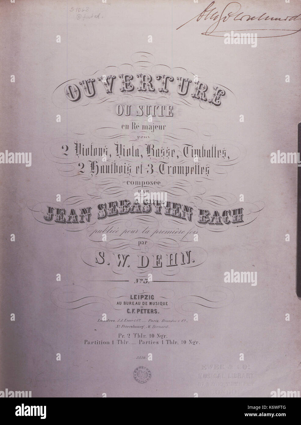 BACH, Johann Sebastian  (German composer & organist, 21 March 1685 - 28 July 1750 ) - SUITE no 3 in D Major.  Titlepage of Bach's Overture/Suite, BWV 1068, published by Peters, Leipzig, 1854. (Says 1st time published).  Includes 'Air on the G String' Stock Photo