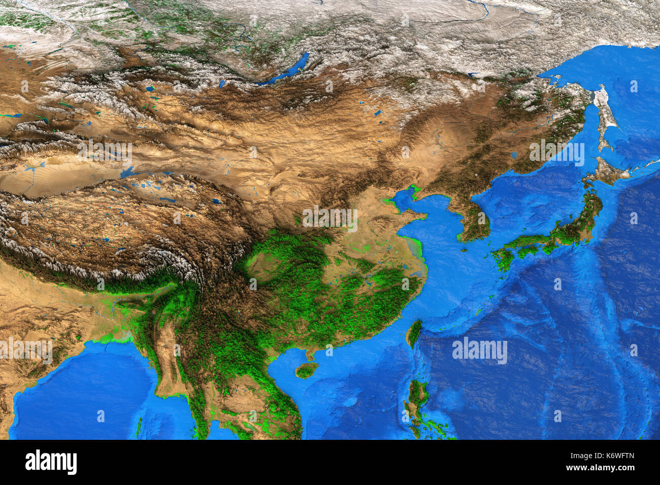 Physical map of East Asia. Detailed satellite view of the Earth and its landforms. Elements of this image furnished by NASA Stock Photo
