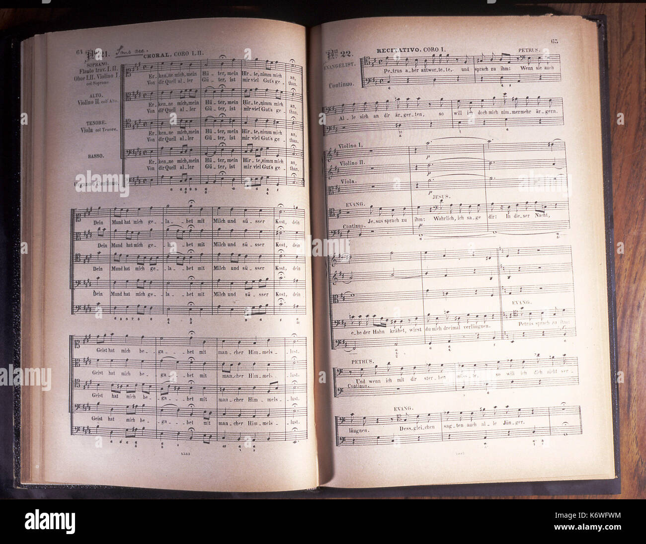 BACH, Johann  Sebastian - ( German composer & organist, 21 March 1685 - 28 July 1750 ) ST MATTHEW PASSION Score: no.21 (Choral); no.22 (Recitativa - Evangelist & Peter). printed score from plates of 1867 Stock Photo