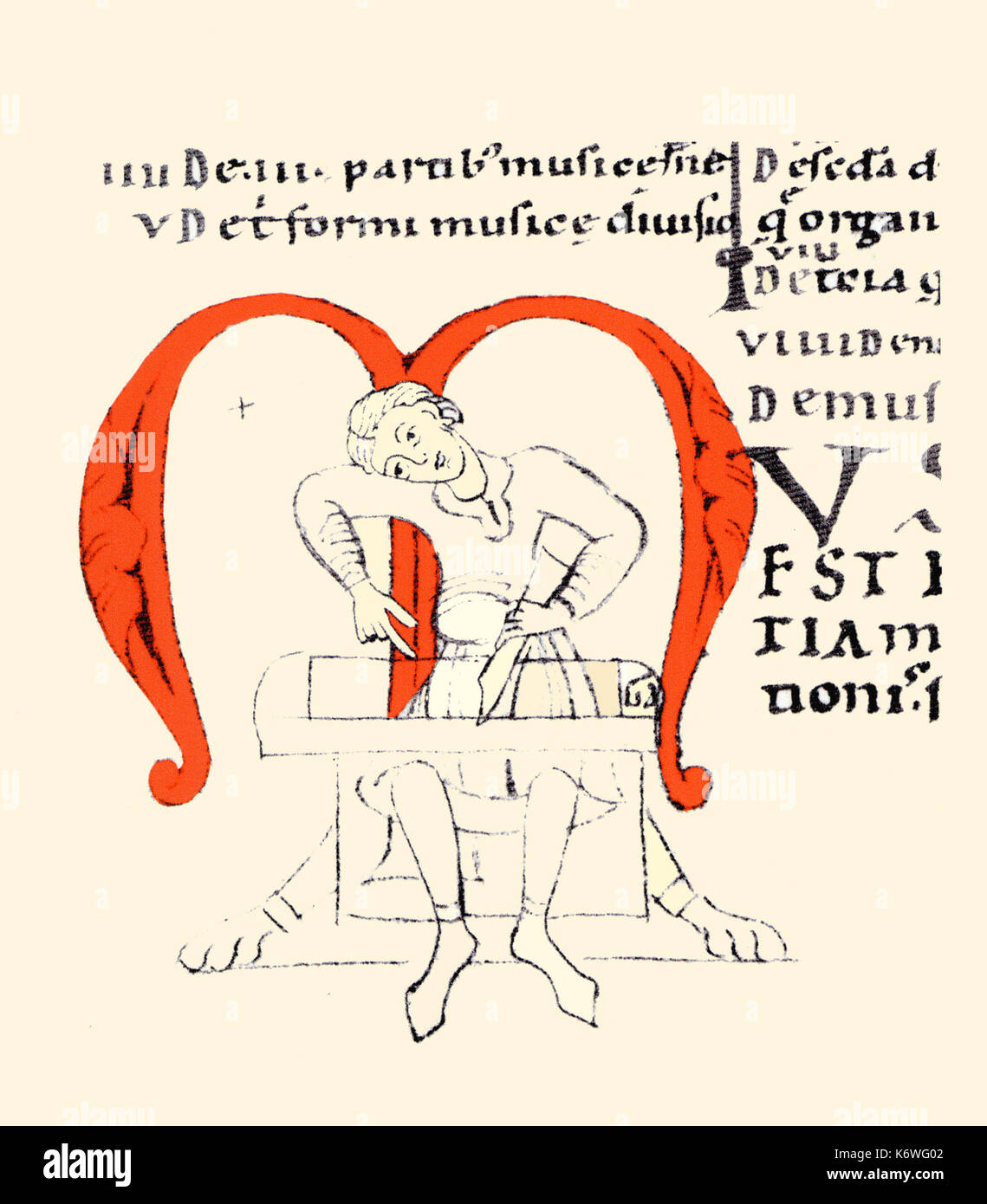 Illuminated letter M, showing the study of Music (part of the Quadrivium - medieval university syllabus).  12th/13thC Swabian Manuscript. Stock Photo