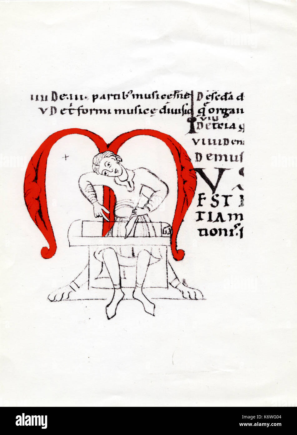 Music Illuminated letter M, showing the study of Music (part of the Quadrivium - medieval university syllabus) 12th/13thC Swabian Manuscript Stock Photo