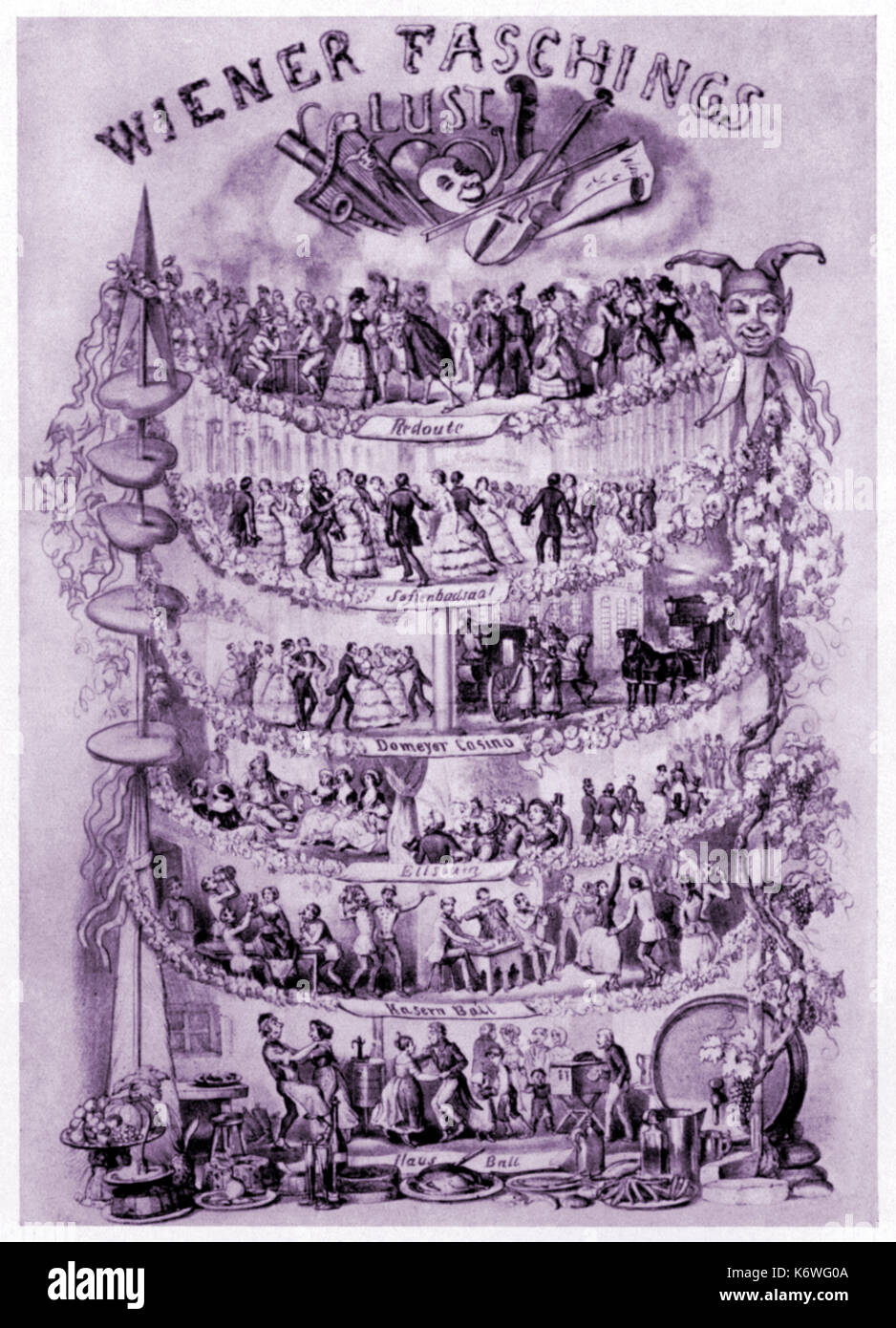 Wiener Faschingslust 19thC score cover showing 'Carnival Delights in Vienna.  Masked Ball.  Casino.  Village band. Servants dancing to music of organ-grinder Stock Photo