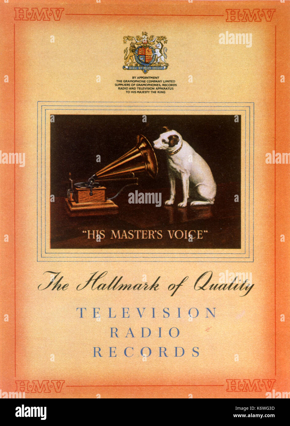 EARLY RECORDINGS - 'His Master's Voice' advert for early gramophone using early 78 record  (Phonograph Stock Photo