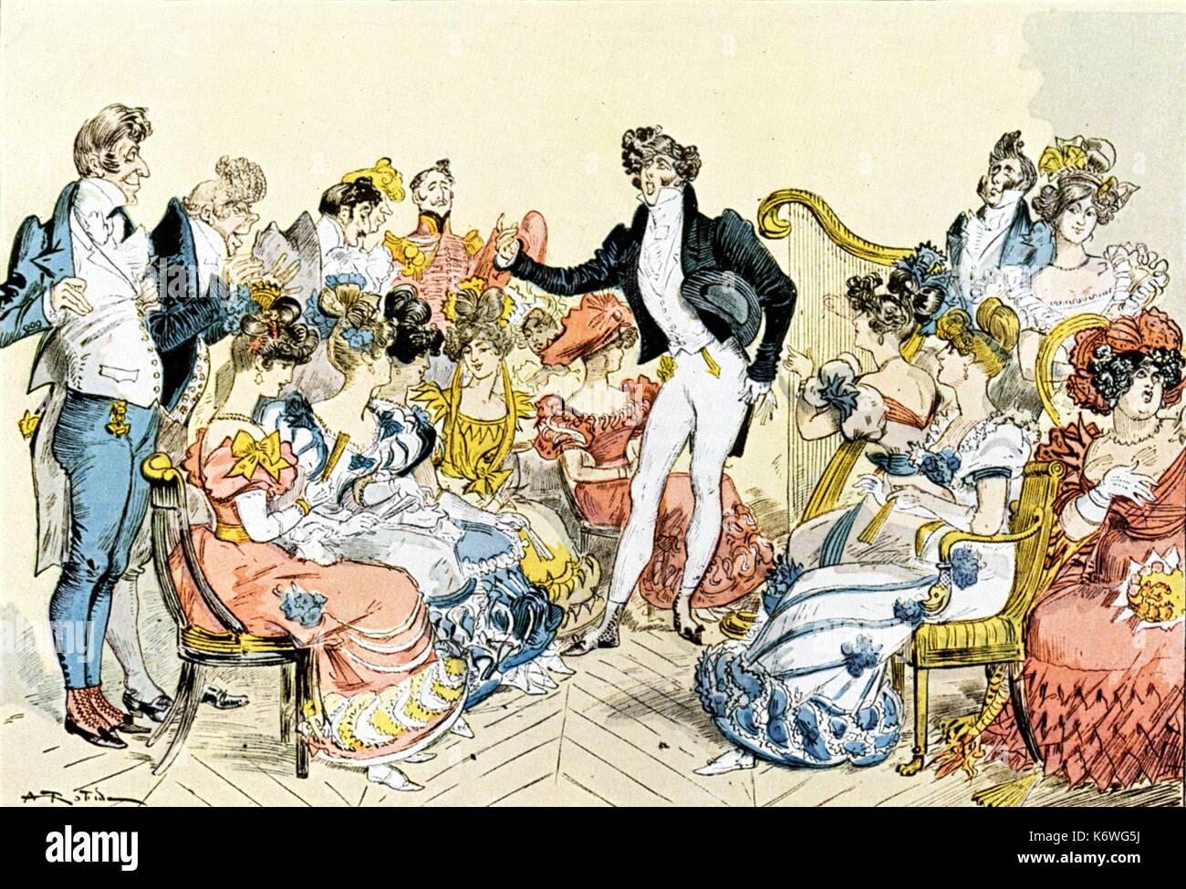 German Man singing at musical evening / soirée. Accompanied by harpist. High society, men and women dressed up. Late Classical/Early Romantic. Audience Stock Photo