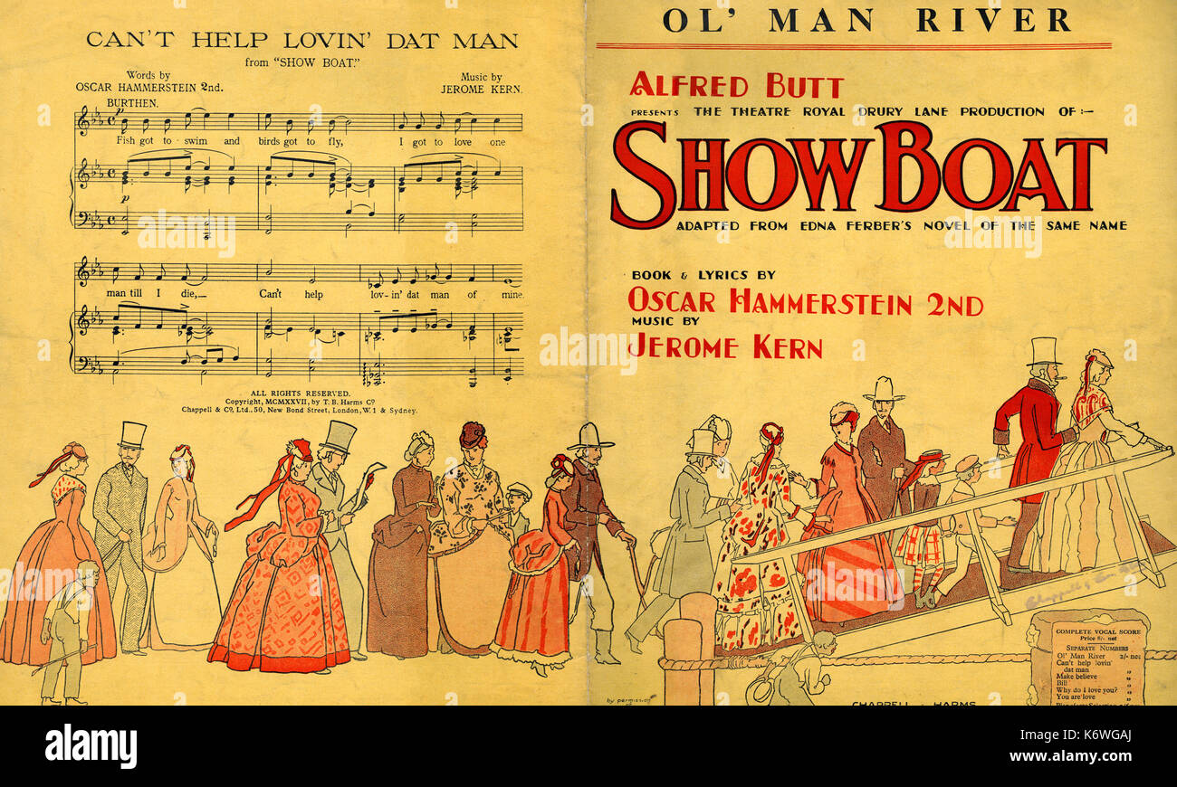 Hammerstein II and Kern - SHOW BOAT score cover. Front and back cover of version for piano and voice of 'Ol' Man River'.  Words By Oscar Hammerstein II, music by Jerome Kern.  Theatre Royal, Drury Lane. Published by Chappell. Published 1927. Stock Photo