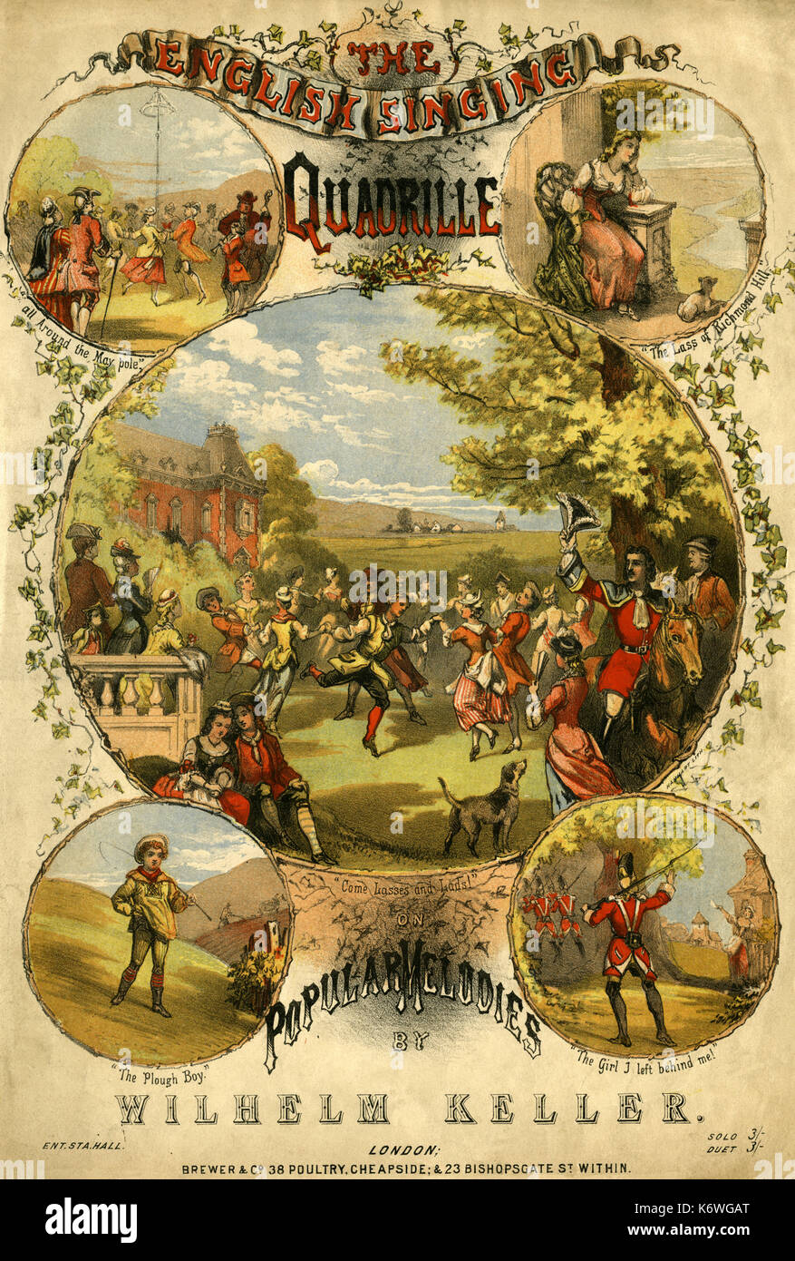 The 'English Singing Quadrille on Popular Melodies'  by Wilhelm Keller. score cover.-illustrated, includes: 'All around the May Pole', 'The Lass of Richmond Hill', The Plough Boy', 'The Girl I left behind me', 'Come Lasses & Lads'. Published London, Brew & Co, late nineteenth century. Stock Photo