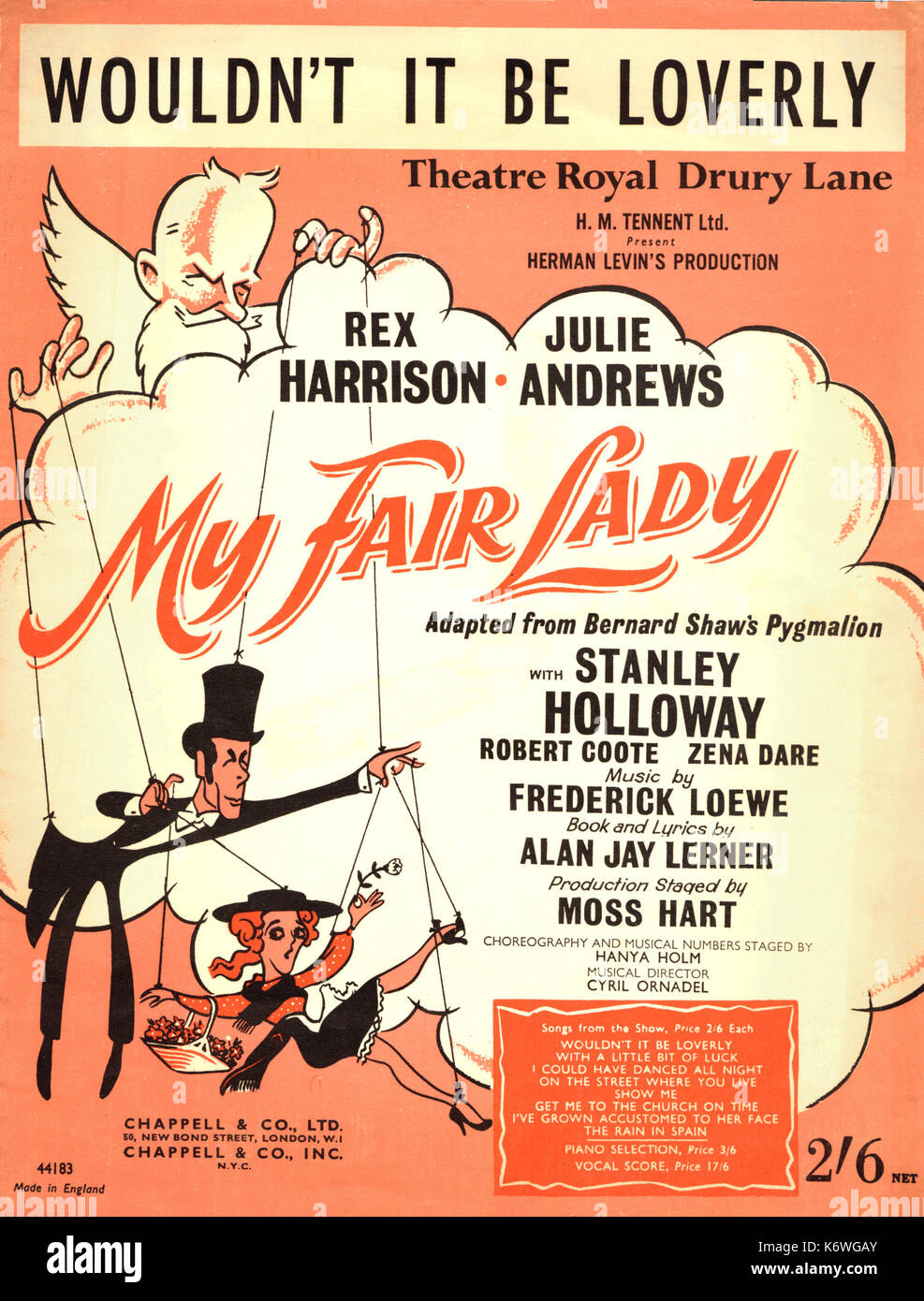 LOEWE, Frederick - MY FAIR LADY llustrated score cover of 'Wouldn't it be Loverly' from the musical, 'My Fair Lady'.  Published by Chappell.  Music by Loewe; Lyrics by Alan J Lerner. GB Shaw (author) as God playing with man and woman as puppets on a string. Based on GB Shaw 's Pygmalion - upper class person transforms working class girl into society lady. Stock Photo