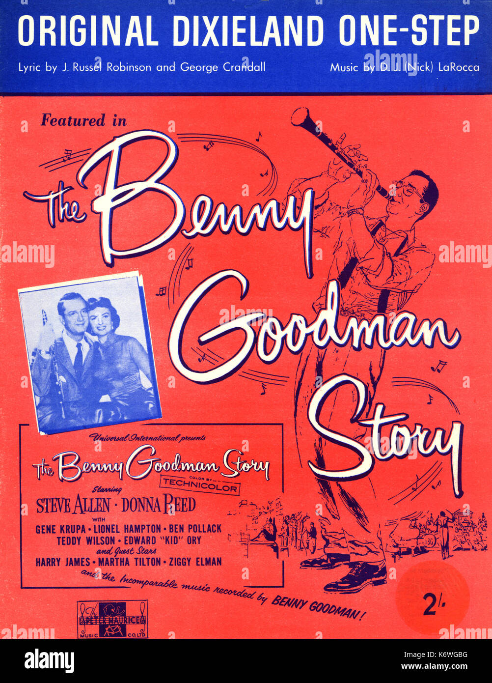 Benny Goodman music score cover of 'Original Dixieland One-Step' which featured in the film 'The Benny Goodman Story'. Lyrics by J. Russel Robinson, music byD.J. (Nick) LaRocca.  American clarinettist & bandleader, 1909-1986. Stock Photo