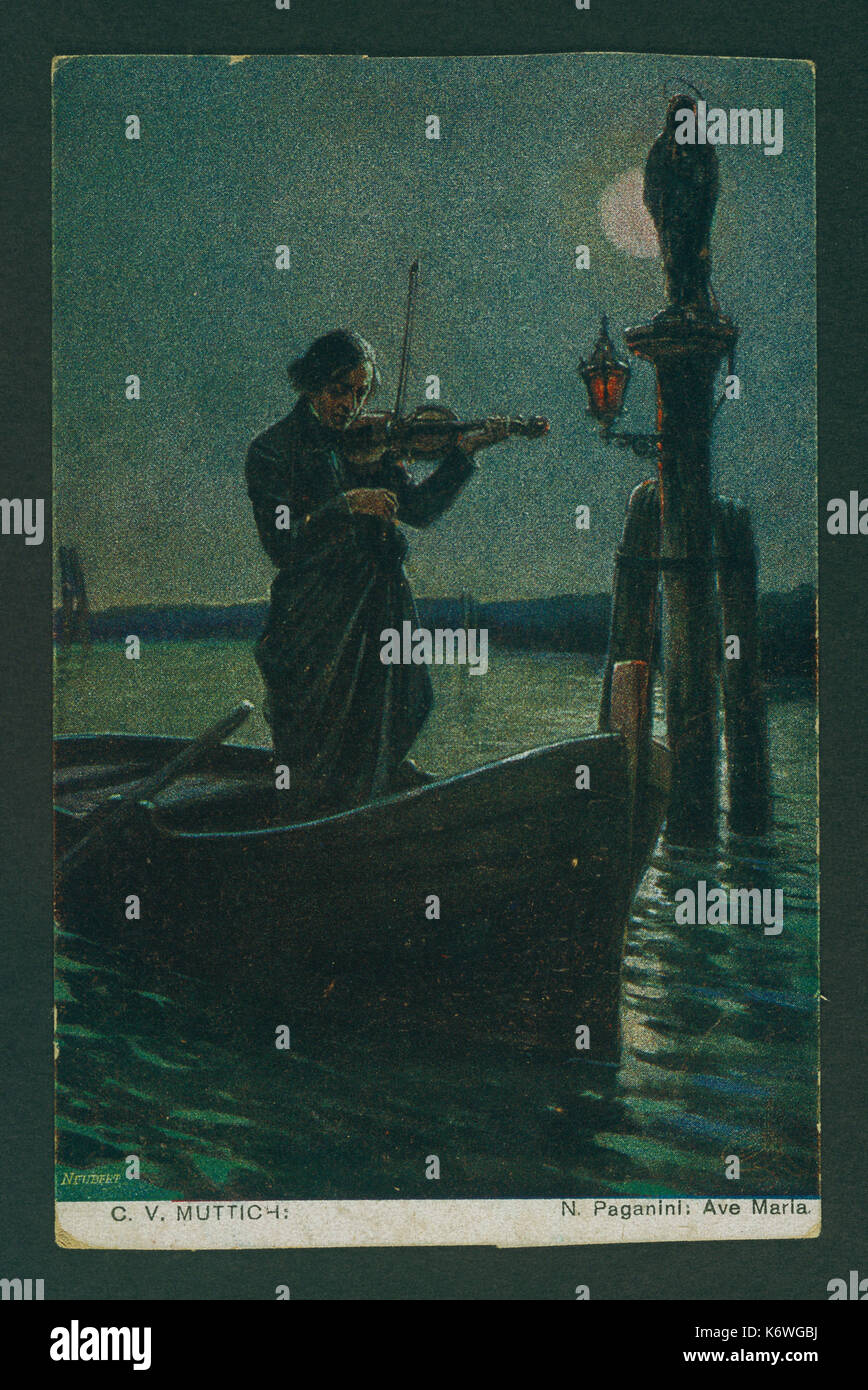Niccolo Paganini playing violin in a boat - emntitled Ave Maria In a boat at night. Painting by Neubert.    Italian violinist and composer, 27 October 1782 - 27 May 1840. Stock Photo