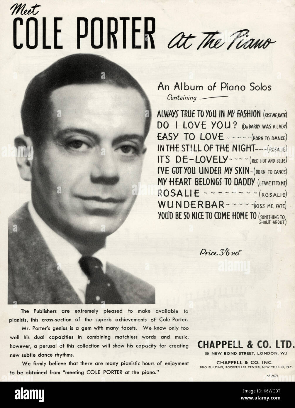 Cole Porter - back score cover of 'An Album of Piano Solos'. - songs  arranged for piano. American composer and lyricist 1891-1964 Stock Photo -  Alamy