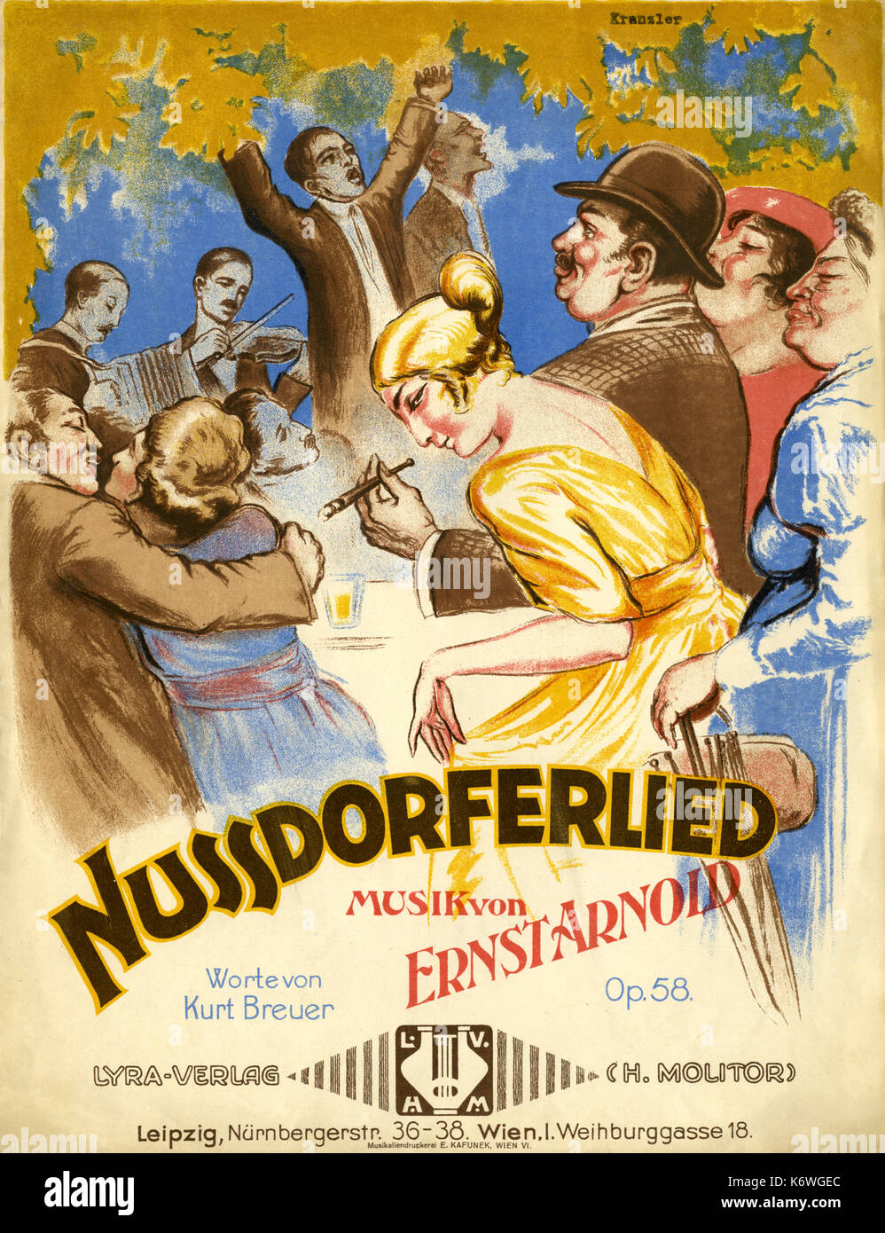 'Nussdorferlied' by Ernst Arnold. Score cover 1921. Published by Lyra Verlag, Leipzig-Wien, 1921.  Dance band with conductor, violinist, accordionist, dancers. Stock Photo