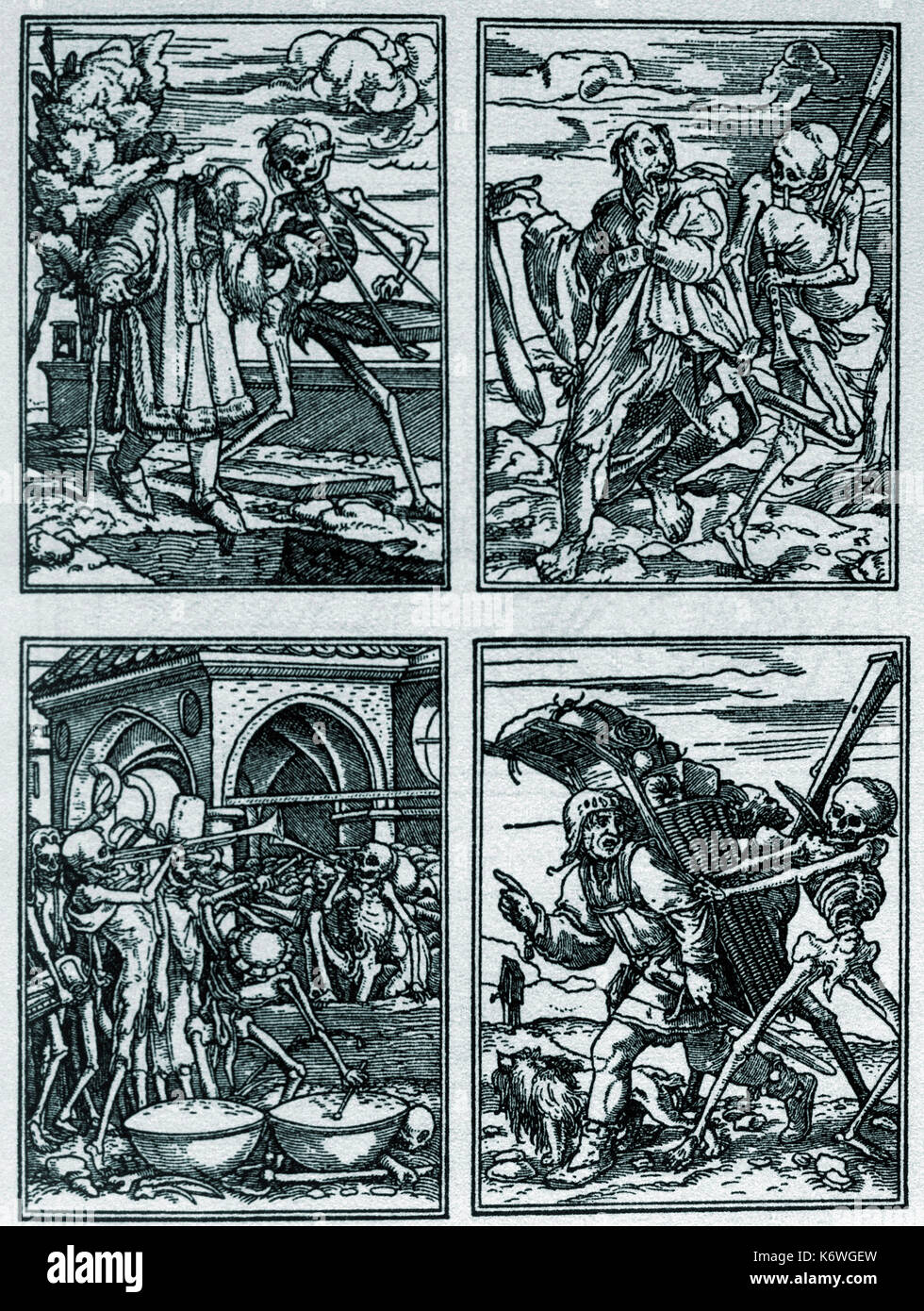 Engravings from Holbein's 'Dance of Death' showing death playing psaltery, bagpipes, trumpet, sackbut, crumhorn, nakers (drums).  C. 1538, 16th century Renaissance.  Bagpipe player.  Bagpiper.  Bagpipes. Stock Photo