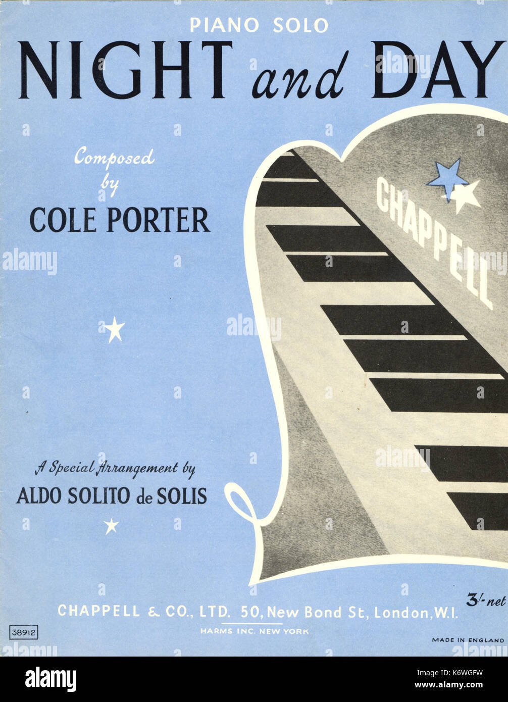 PORTER, COLE - Night & Day Cover of score of Piano Solo, with picture of keyboard.  Published by Chappell & Co, London American Composer & Lyricist, 1891-1964 Stock Photo