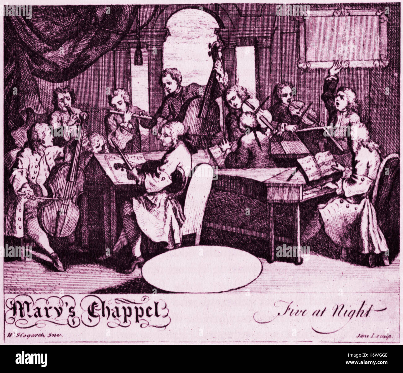 Chamber music ensemble from concert ticket for concert at St Mary's Chapel, 1 May 1799. Hogarth engraving showing baroque orchestra. Harpsichord, viola da gamba, violins, flute, oboe, conductor. Wigs. Stock Photo