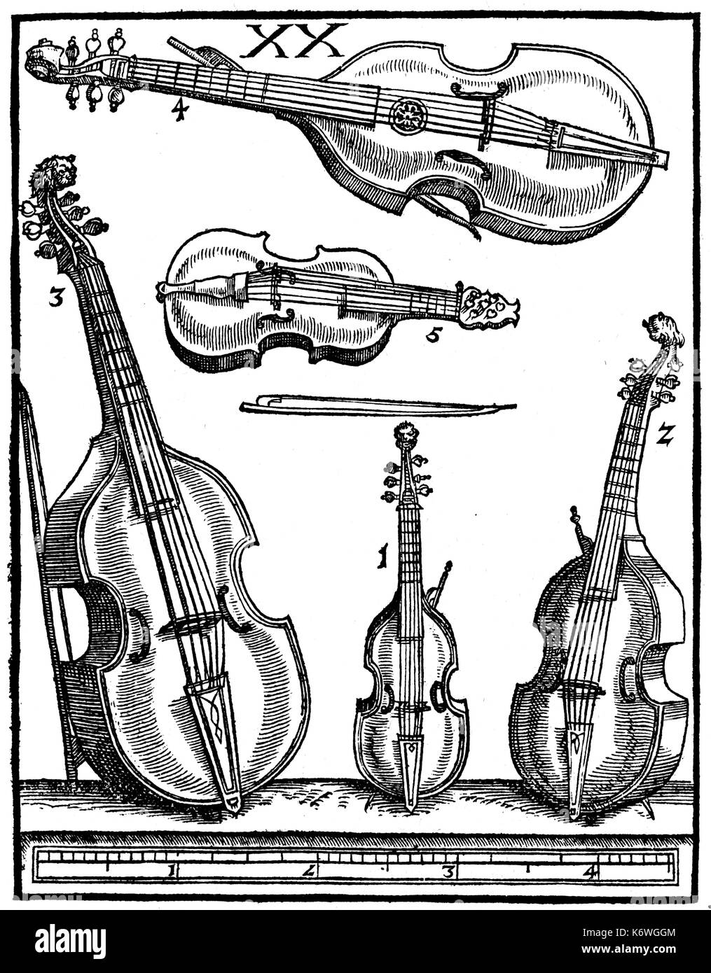 Viols with bows : 1-3 Treble, Tenor & Bass Viols (da Gamba) 4.Viola Bastarda (Lyra Viol); 5. Lyra da braccio Viol.  Plate XX from PRAETORIUS's 'Syntagma Musicum' (1619): German musician, composer and theorist, 15 February 1571 - 15 February 1621. Stock Photo