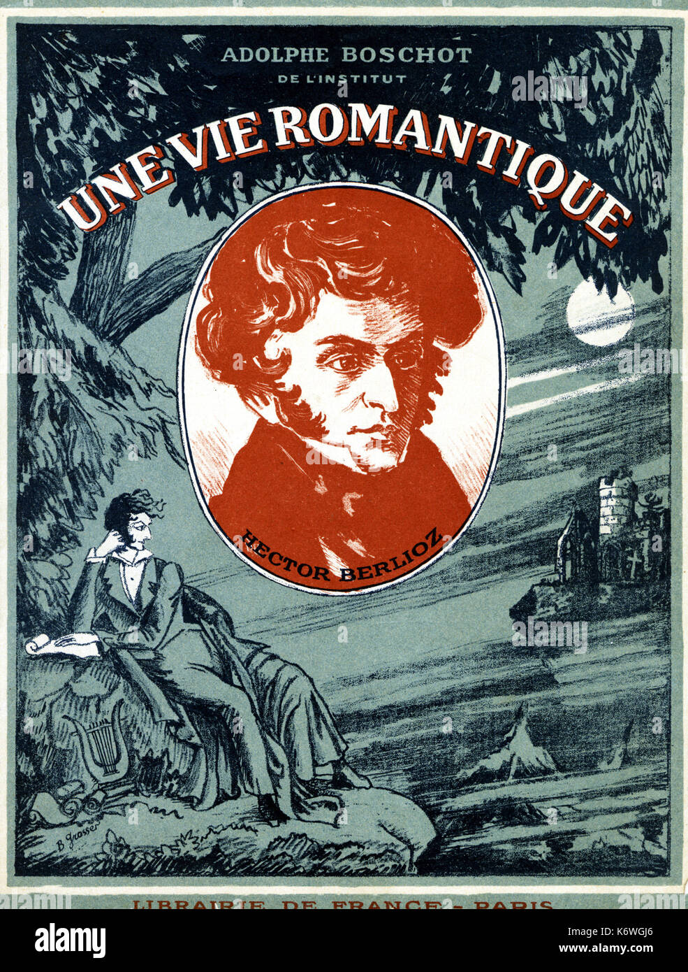 Hector Berlioz's portrait on cover of book: 'Une Vie Romantique', Broschot, 1927.  French composer (1803-1869) Stock Photo