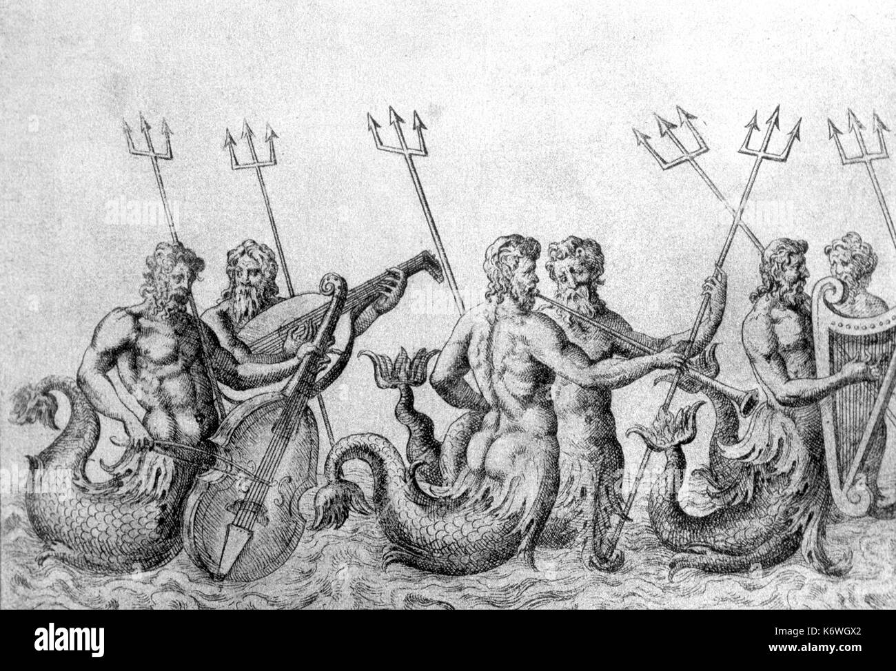 'The Orchestra of Tritons'. Tritons playing viol, lute, trumpet, harp. From  Neptune Beaujoyeulx - Balet Comique de la Royne, Paris, 1582,  -also called Belgioioso. Renaissance period Stock Photo