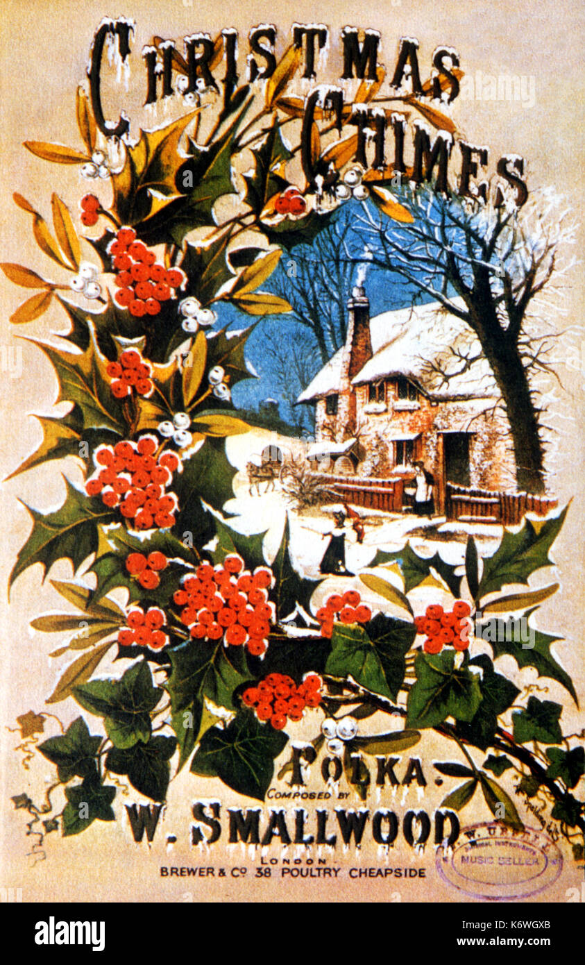 Xmas score cover. Christmas Chimes Polka composed by W. Smallwood. published London, Cheapside. Late 1880s..  Snow, holly, ivy. Stock Photo