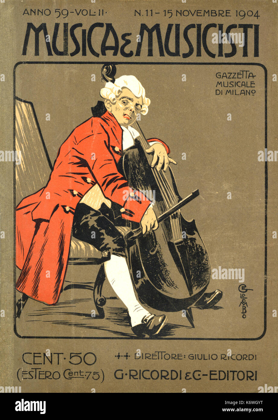 INSTR - STRING - CELLO Cover of 'Musica e Musicisti', 1904 showing cellist in late 18thC costume Classical Stock Photo