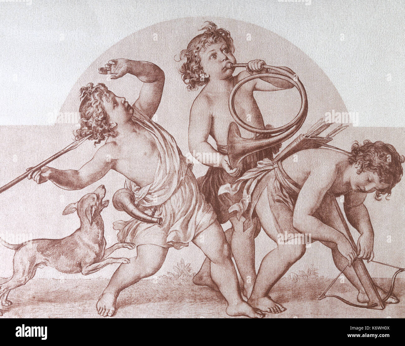 Cupids / putti / cherubs with spear, bow and arrow, & hunting horn. Fresco by F. Laufberger in the Hof-Operntheater, Vienna. Angels. Stock Photo