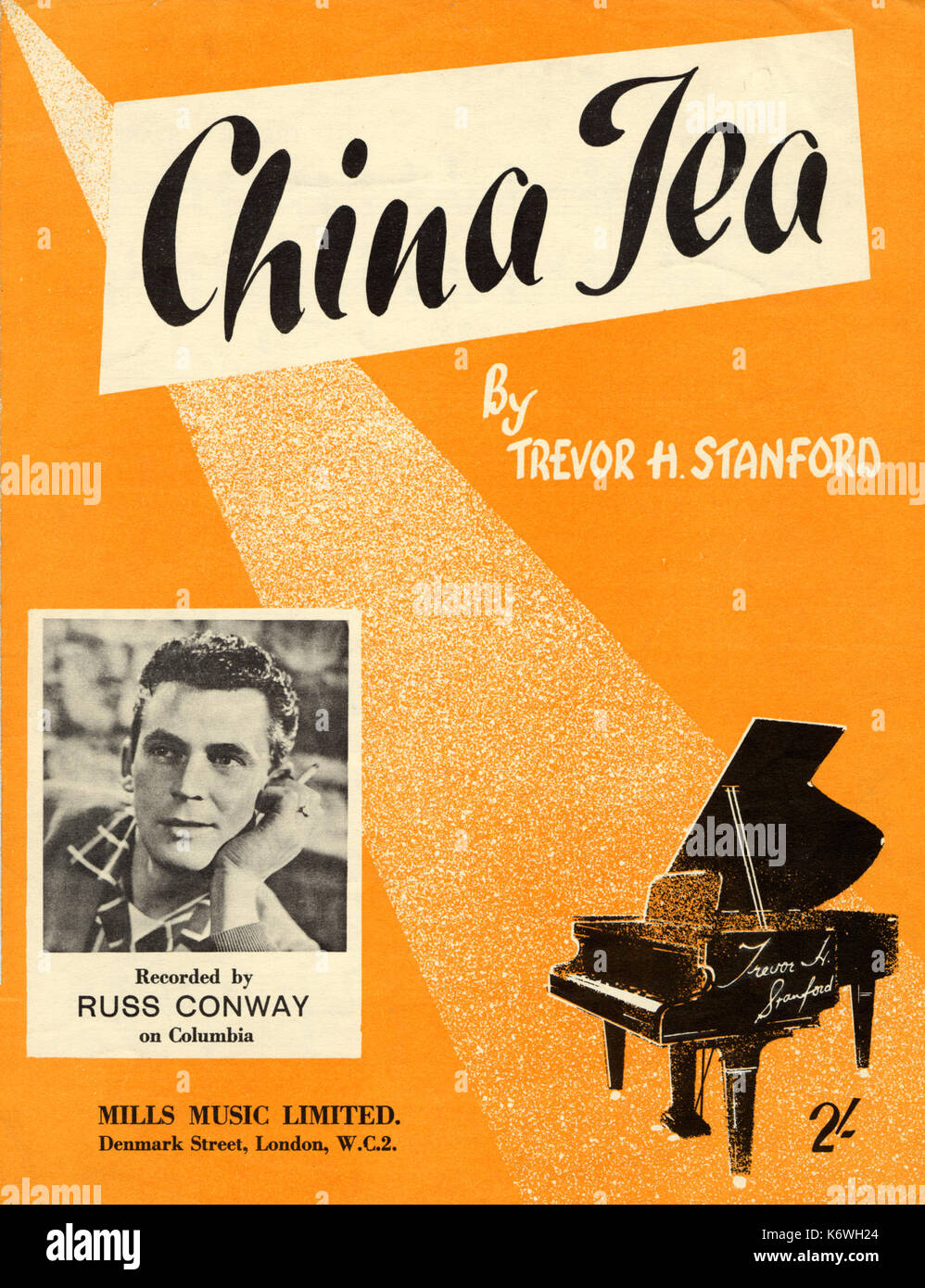 Russ Conway,   Photograph on score cover, 1959 Score Cover of 'China Tea' by Trevor H Stanford.  Published by Mills Music Ltd, London, 1959Grand Piano Stock Photo